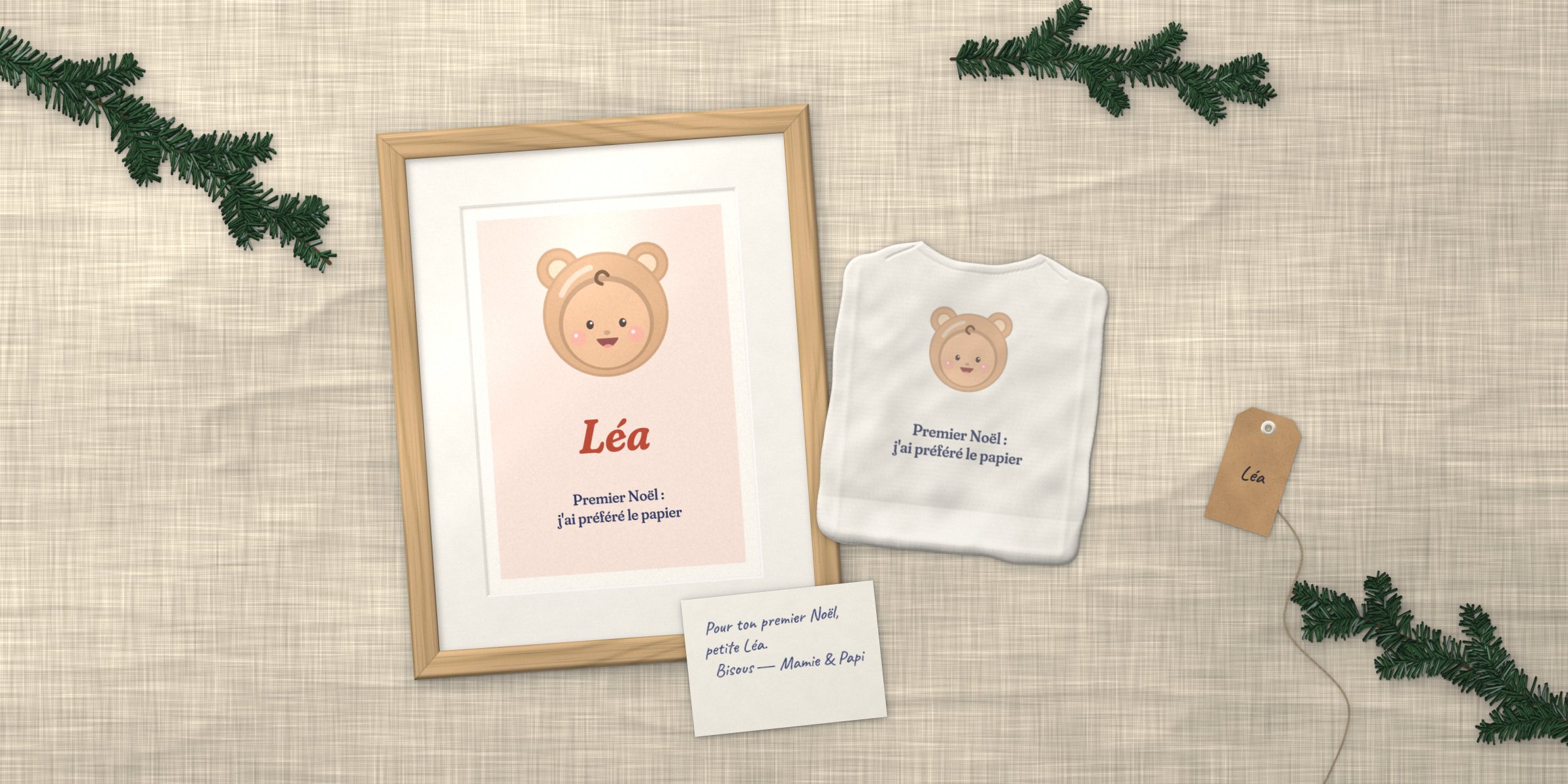 Coffret Mon premier Noël : un body et une affiche encadrée avec le même Bébou et le prénom Léa